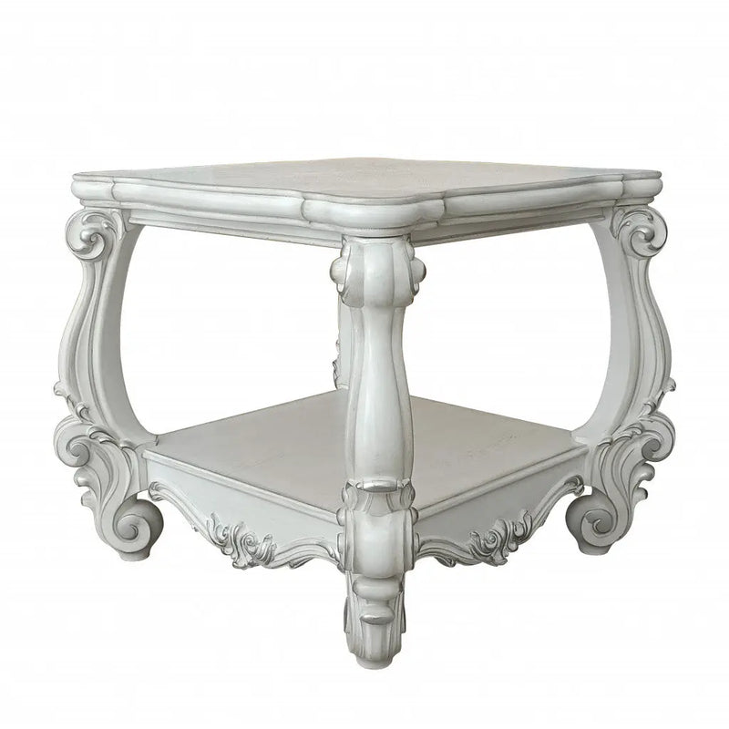 26" Antiqued White Manufactured Wood Square Scroll End Table With Shelf Homeroots Living Room