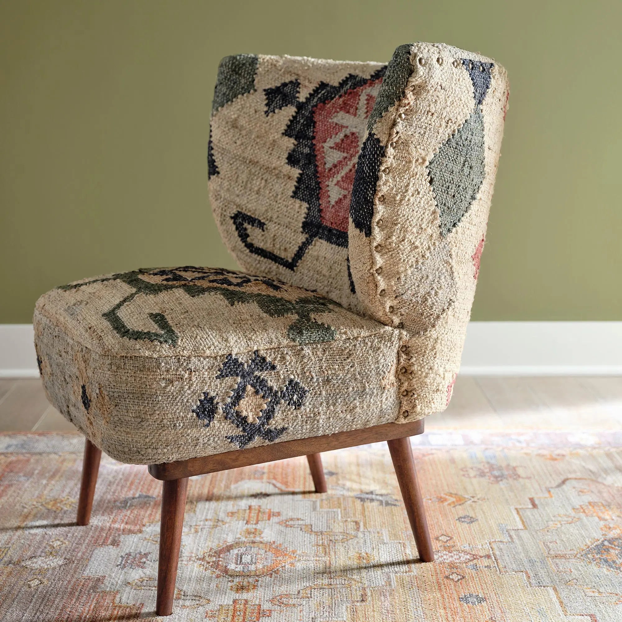 26" Beige Blue and Red  Jute Southwestern Wingback Chair Homeroots Living Room