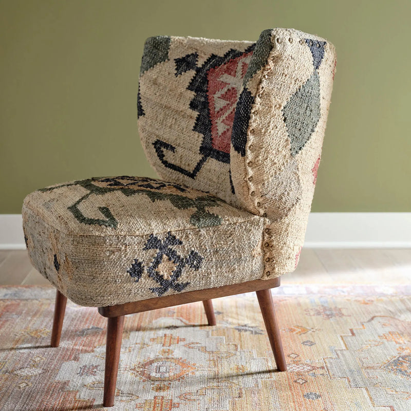 26" Beige Blue and Red  Jute Southwestern Wingback Chair Homeroots Living Room