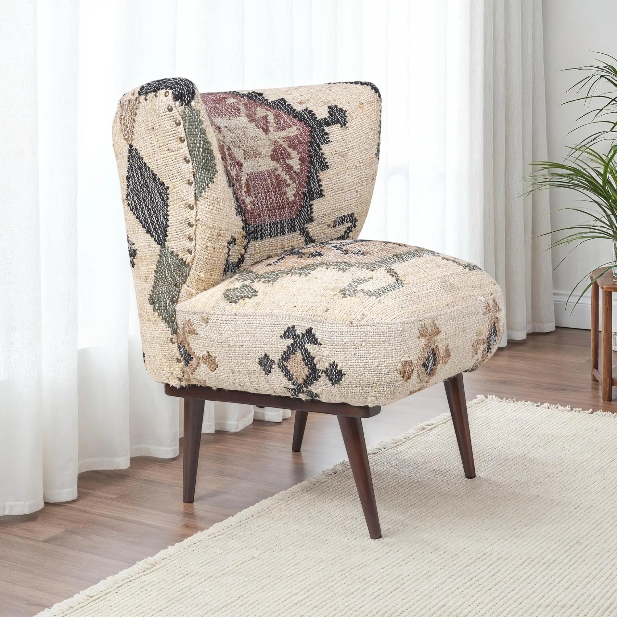 26" Beige Blue and Red  Jute Southwestern Wingback Chair Homeroots Living Room