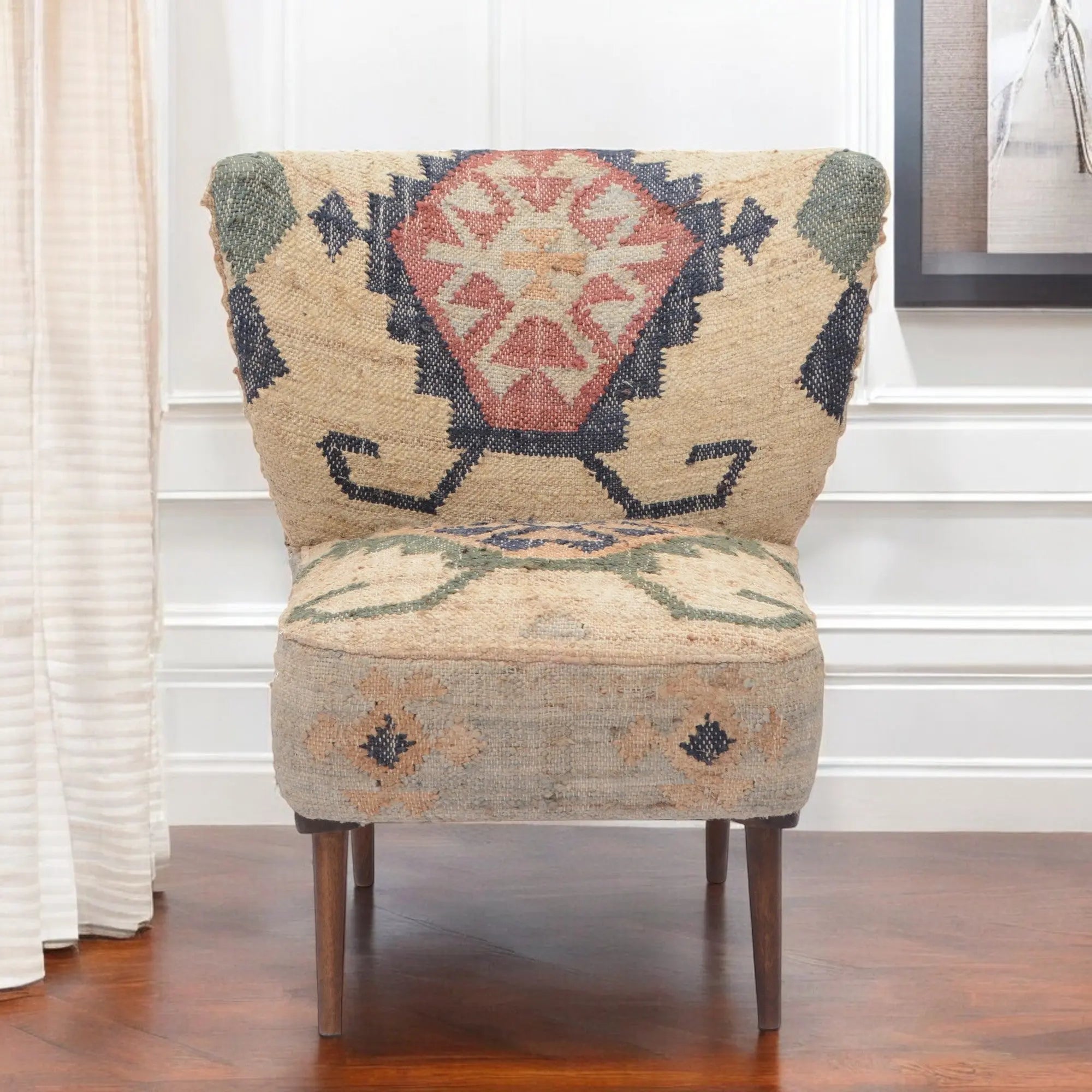 26" Beige Blue and Red  Jute Southwestern Wingback Chair Homeroots Living Room