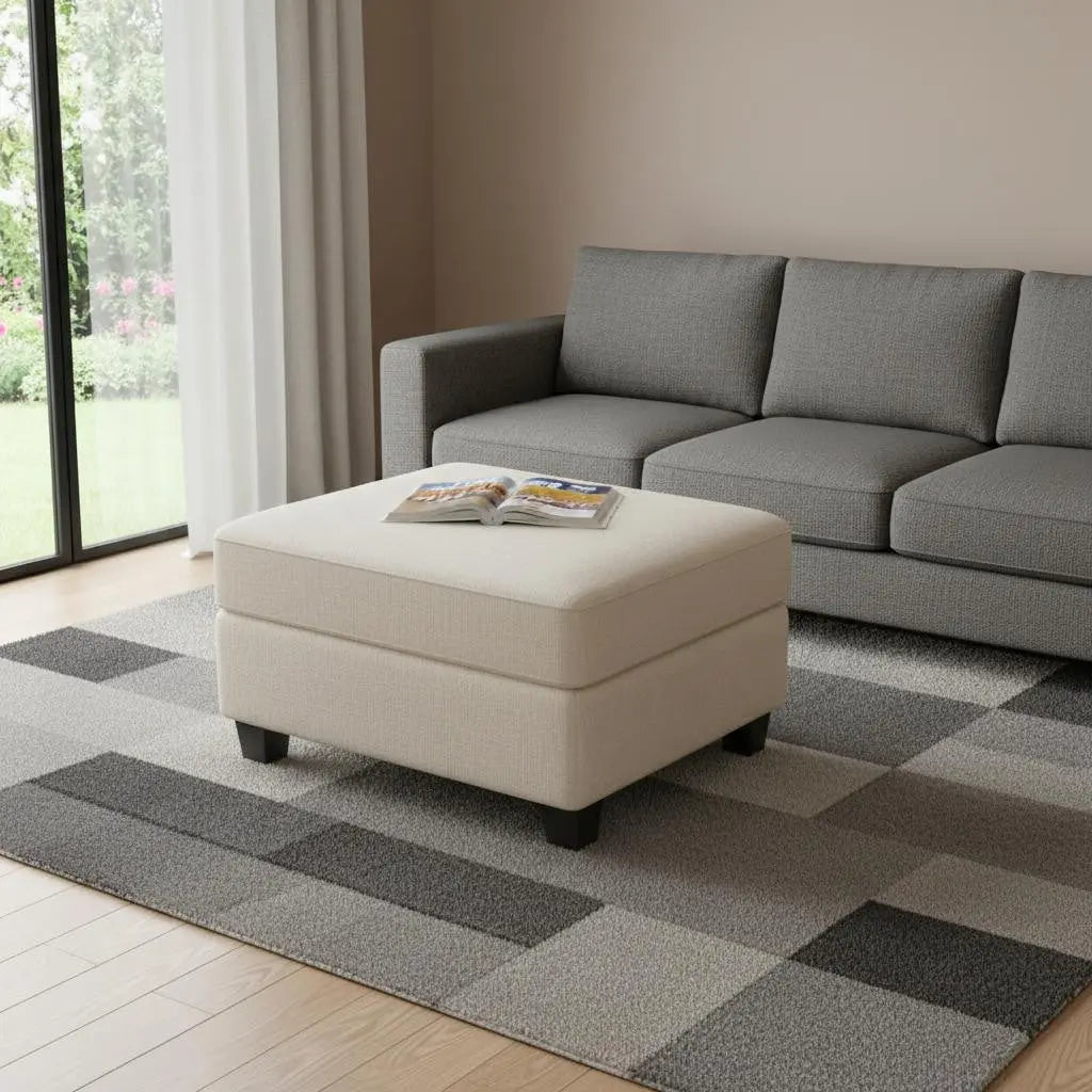 26" Beige and Black Chenille Storage Ottoman Homeroots Living Room