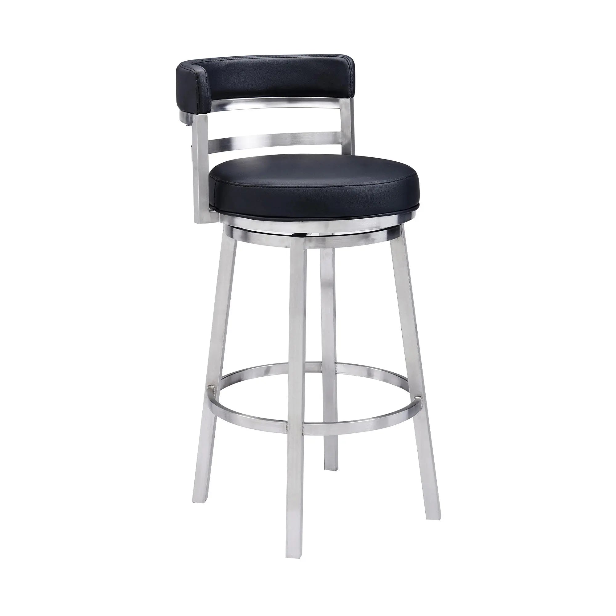 26" Black And Silver Faux Leather And Iron Swivel Low Back Counter Height Bar Chair Homeroots Living Room
