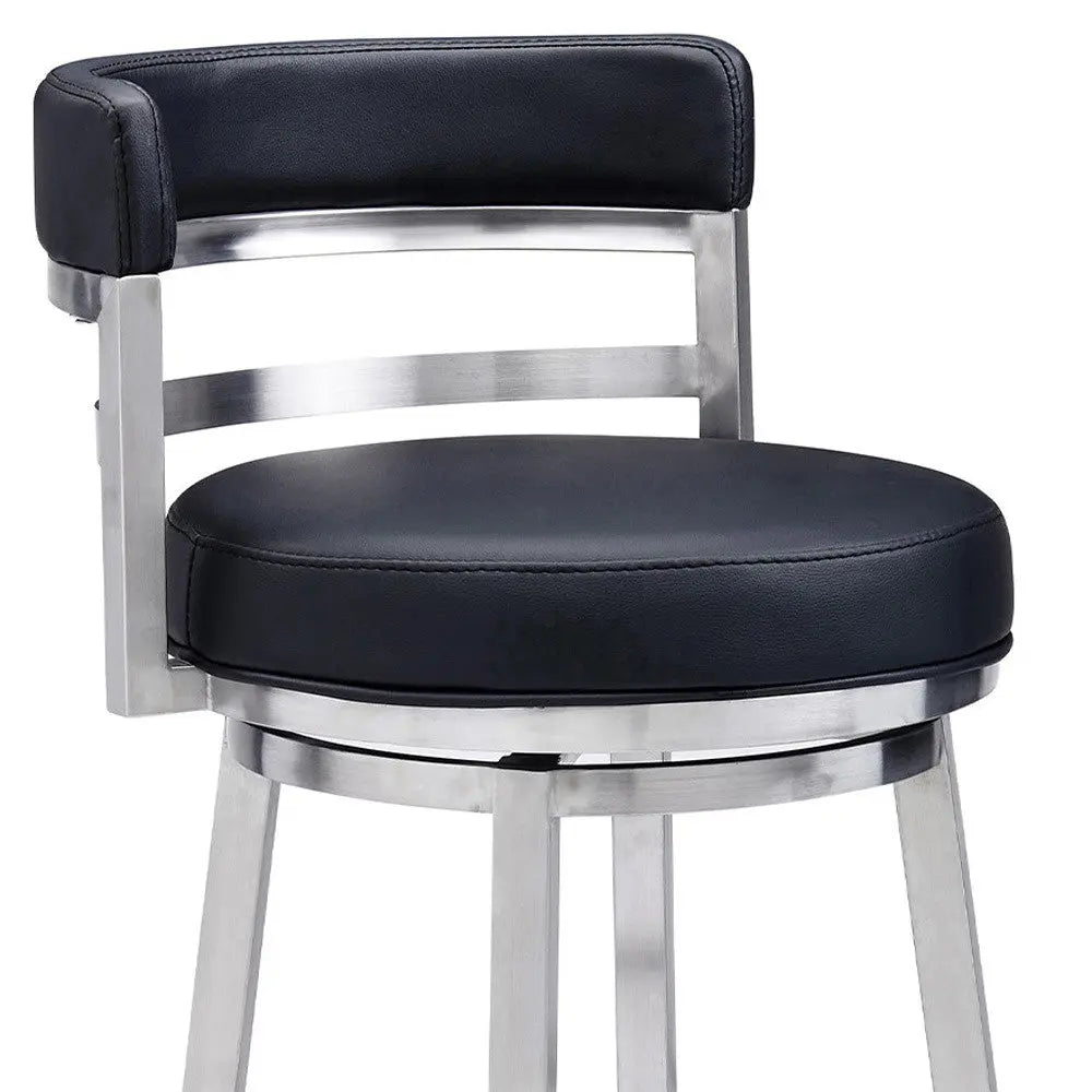 26" Black And Silver Faux Leather And Iron Swivel Low Back Counter Height Bar Chair Homeroots Living Room