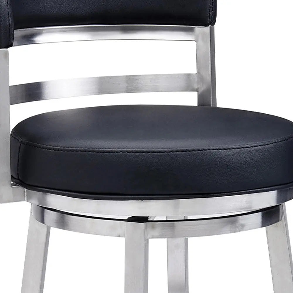 26" Black And Silver Faux Leather And Iron Swivel Low Back Counter Height Bar Chair Homeroots Living Room