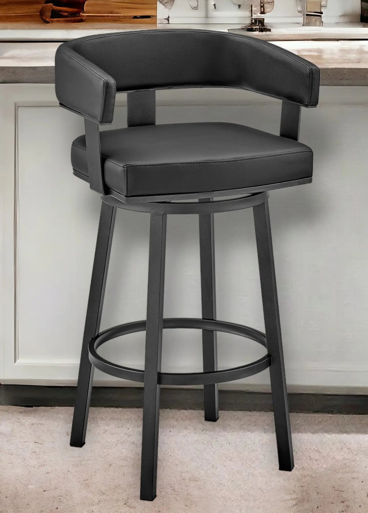26" Black Faux Leather And Iron Swivel Low Back Counter Height Bar Chair Homeroots Living Room
