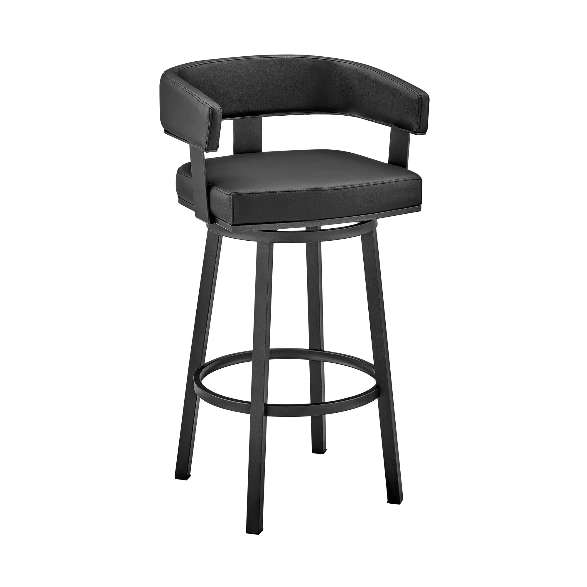 26" Black Faux Leather And Iron Swivel Low Back Counter Height Bar Chair Homeroots Living Room