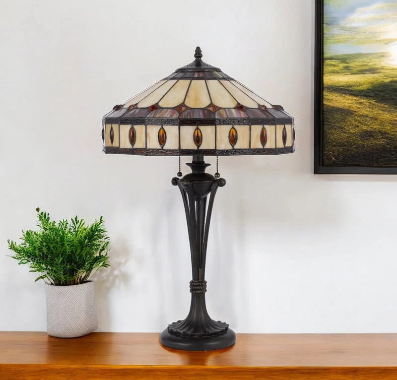 26" Black Metal Two Light Candlestick Table Lamp With Ivory and Red Dome Shade Homeroots Lighting
