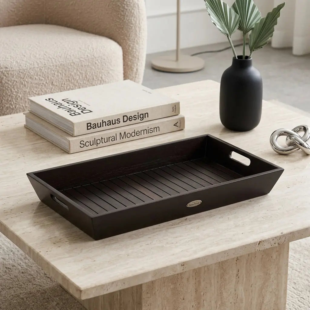 26" Black Solid Wood Handmade Serving Tray With Handles Homeroots Kitchen & Dining