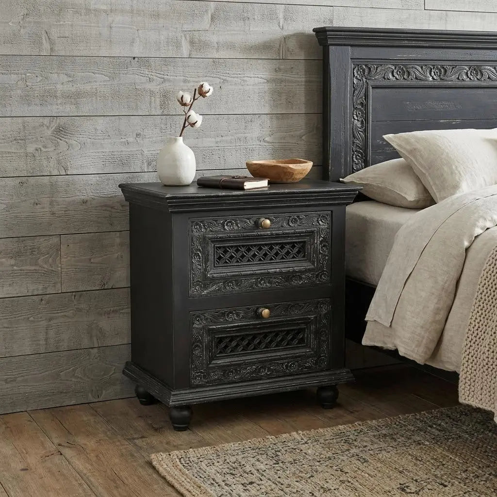 26" Black Solid Wood Square Distressed Carved Floral Two Drawer Nightstand Homeroots Bed & Bath