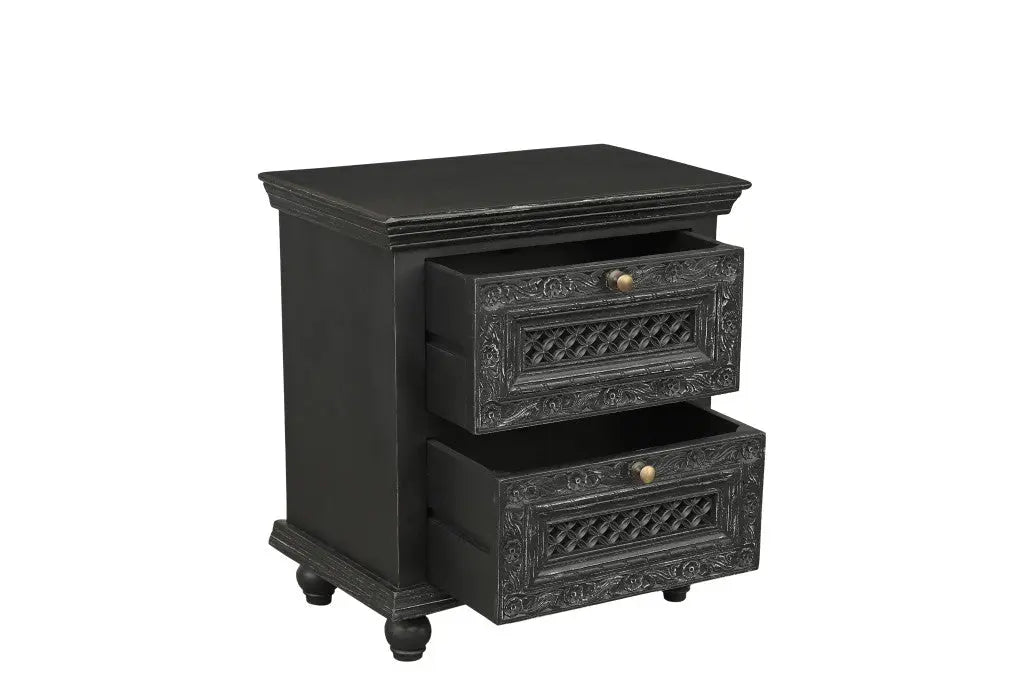 26" Black Solid Wood Square Distressed Carved Floral Two Drawer Nightstand Homeroots Bed & Bath
