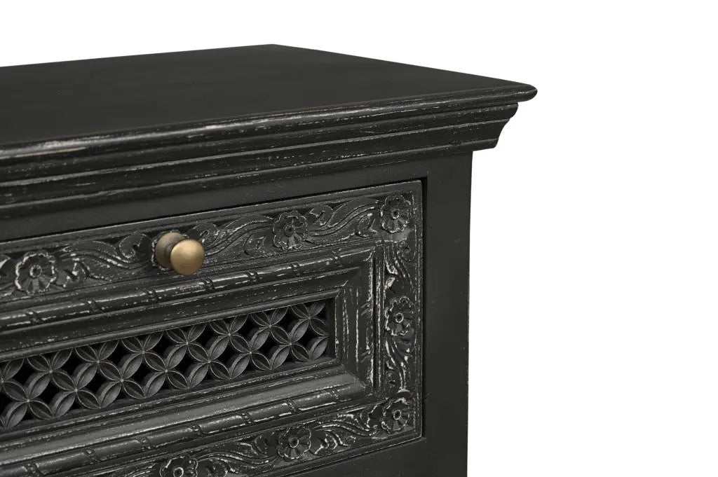26" Black Solid Wood Square Distressed Carved Floral Two Drawer Nightstand Homeroots Bed & Bath
