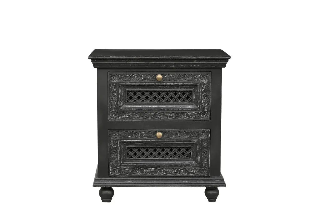 26" Black Solid Wood Square Distressed Carved Floral Two Drawer Nightstand Homeroots Bed & Bath