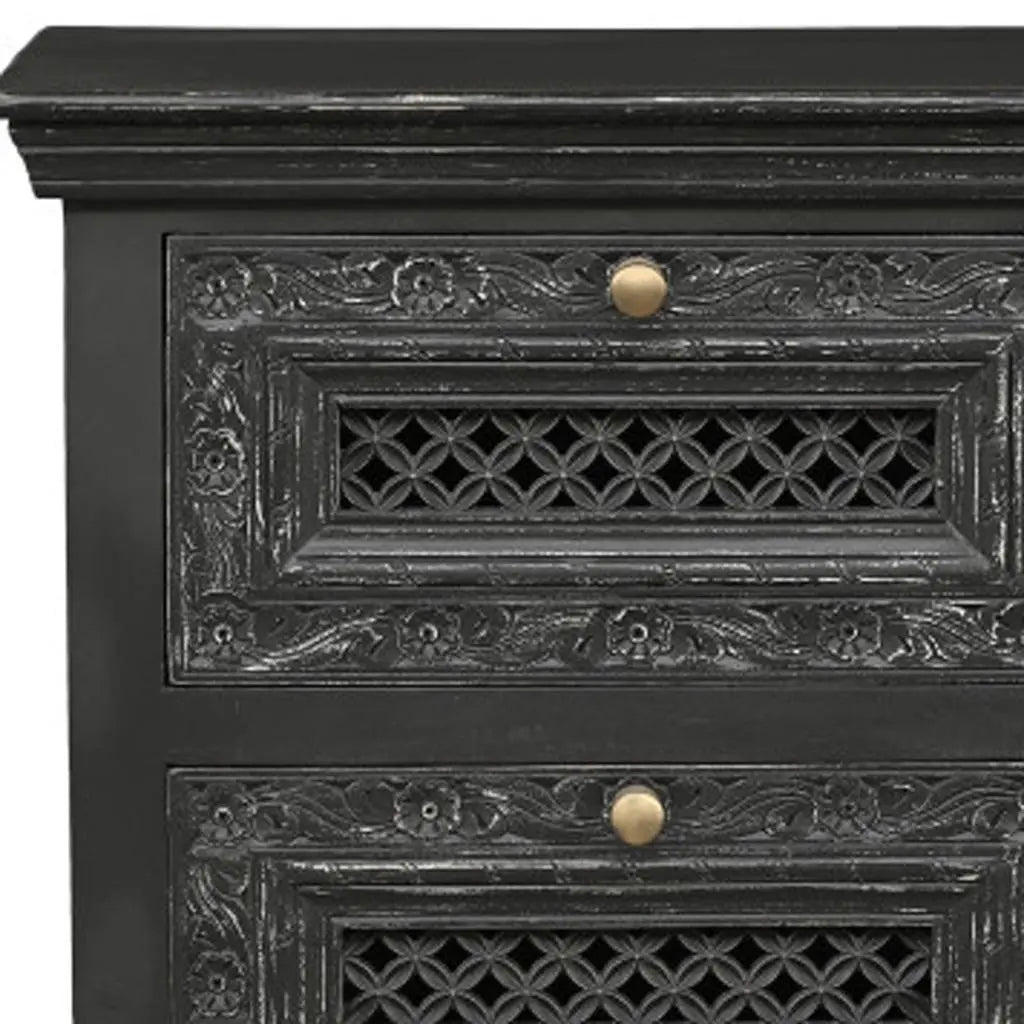 26" Black Solid Wood Square Distressed Carved Floral Two Drawer Nightstand Homeroots Bed & Bath
