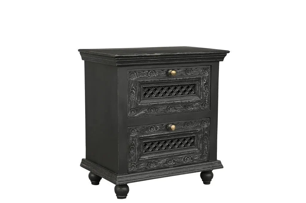 26" Black Solid Wood Square Distressed Carved Floral Two Drawer Nightstand Homeroots Bed & Bath