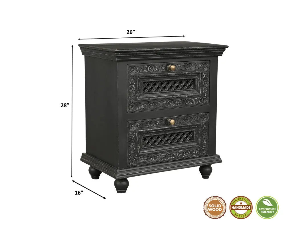 26" Black Solid Wood Square Distressed Carved Floral Two Drawer Nightstand Homeroots Bed & Bath