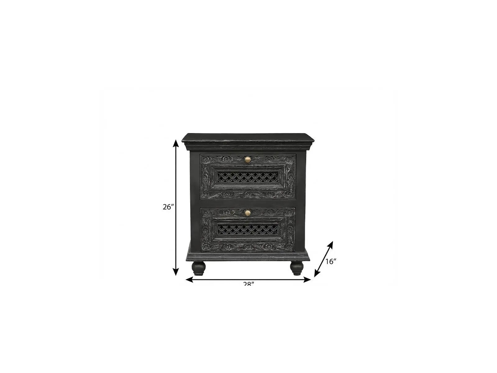 26" Black Solid Wood Square Distressed Carved Floral Two Drawer Nightstand Homeroots Bed & Bath
