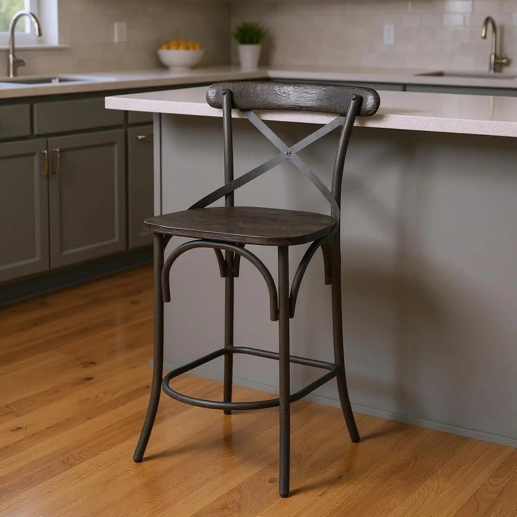 26" Black Solid Wood and Iron Counter Height Bar Chair Homeroots Living Room