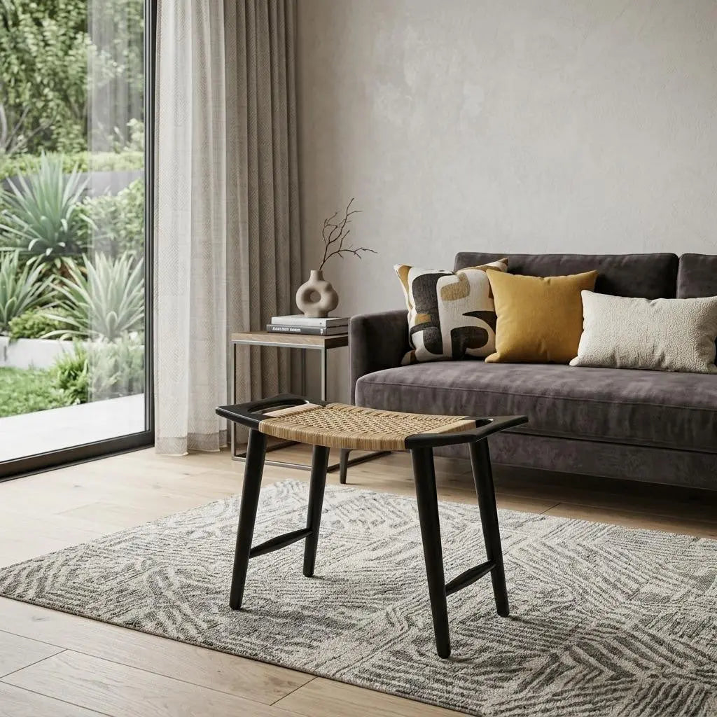26" Black and Natural Solid Wood Footstool Homeroots Living Room