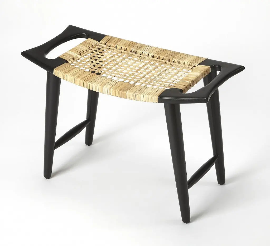 26" Black and Natural Solid Wood Footstool Homeroots Living Room