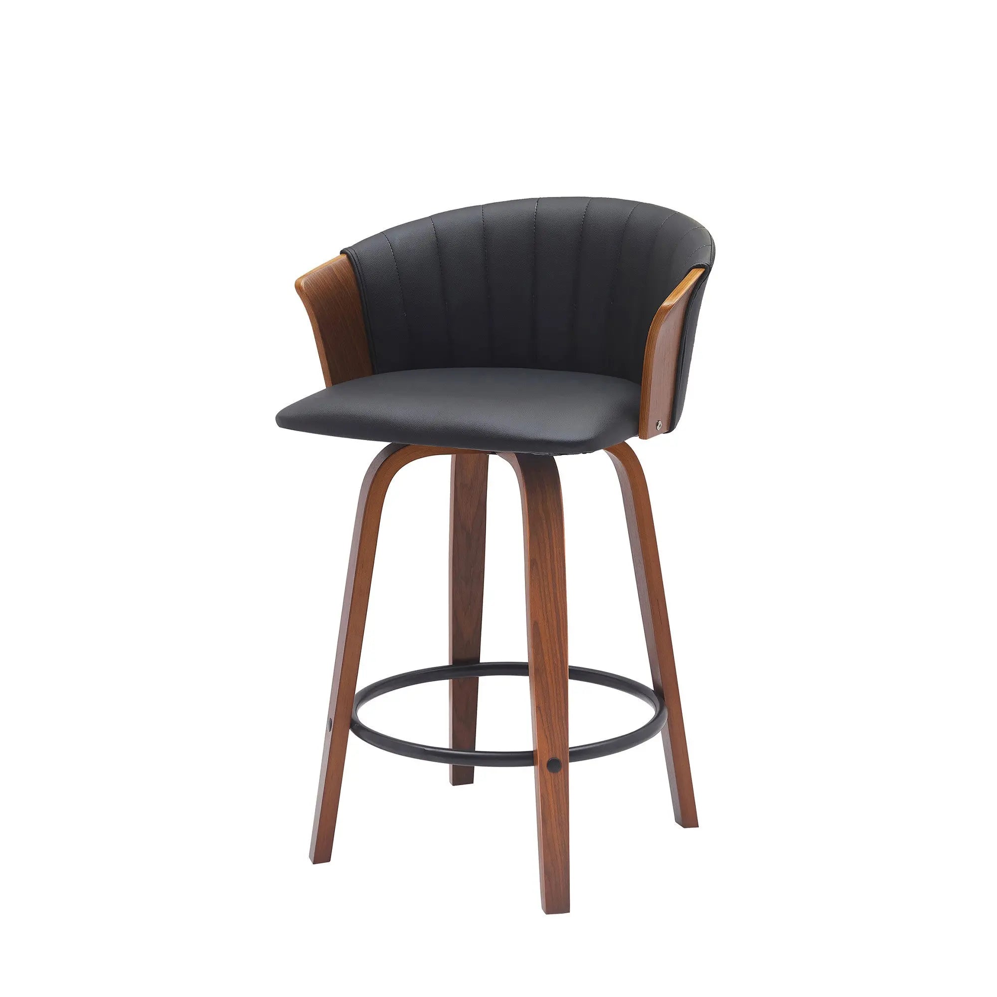 26" Black and Wood Brown Faux Leather with Solid Wood Swivel Counter Height Bar Chair Homeroots Living Room