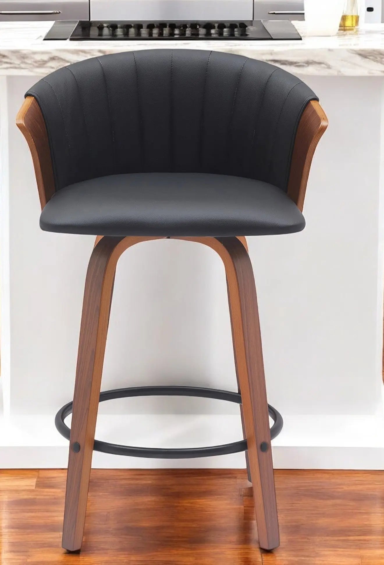26" Black and Wood Brown Faux Leather with Solid Wood Swivel Counter Height Bar Chair Homeroots Living Room