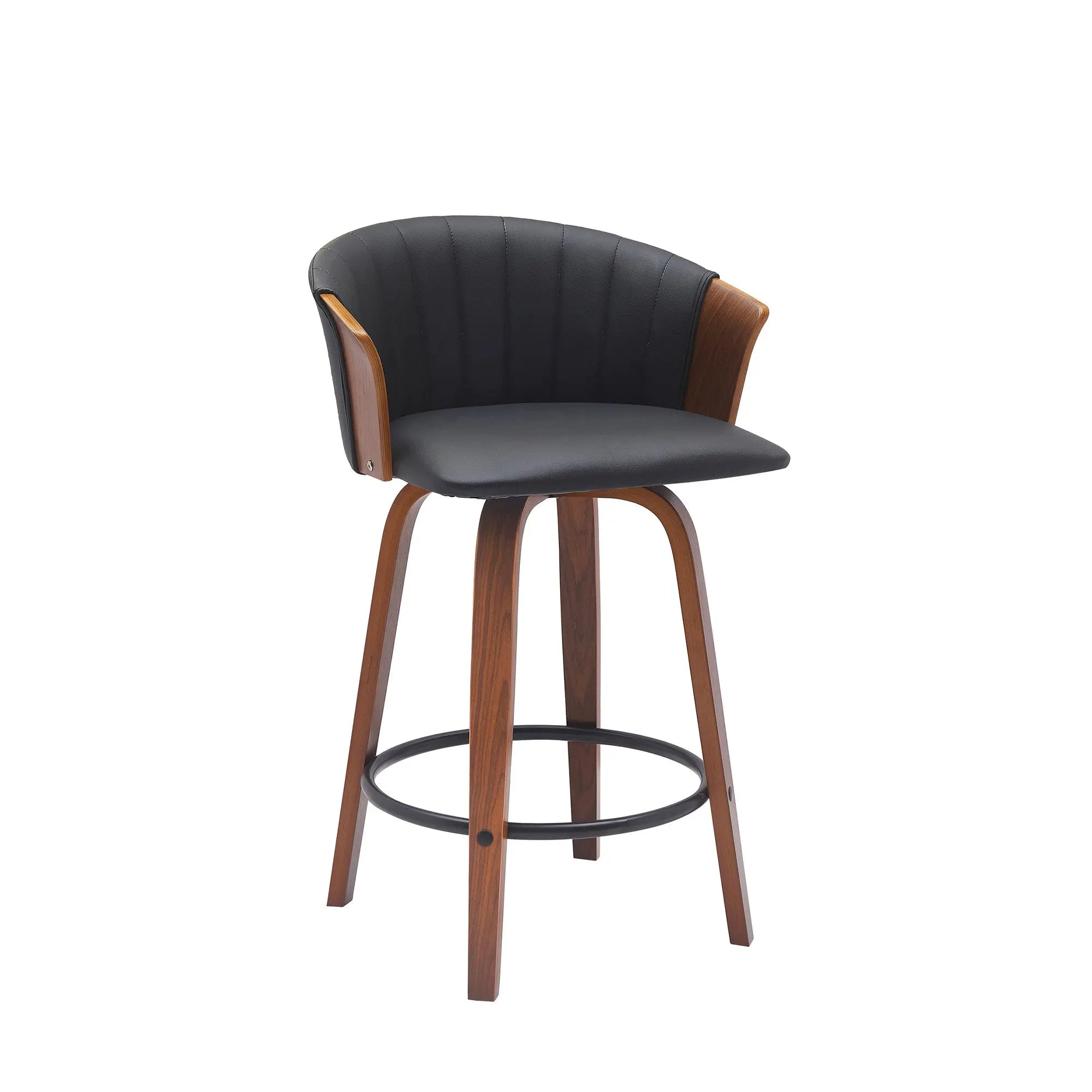 26" Black and Wood Brown Faux Leather with Solid Wood Swivel Counter Height Bar Chair Homeroots Living Room