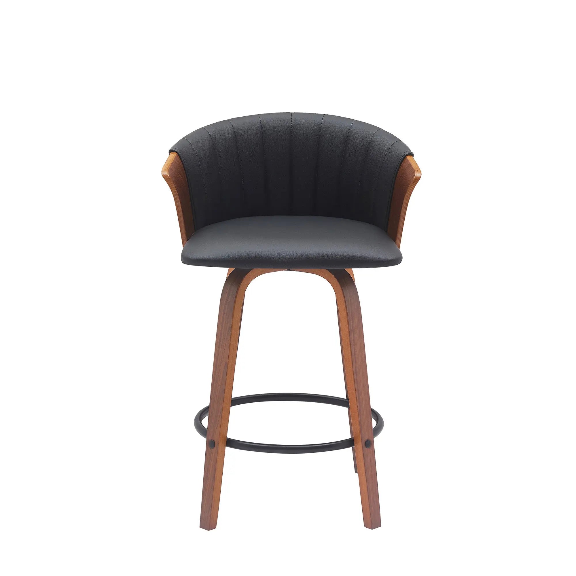 26" Black and Wood Brown Faux Leather with Solid Wood Swivel Counter Height Bar Chair Homeroots Living Room