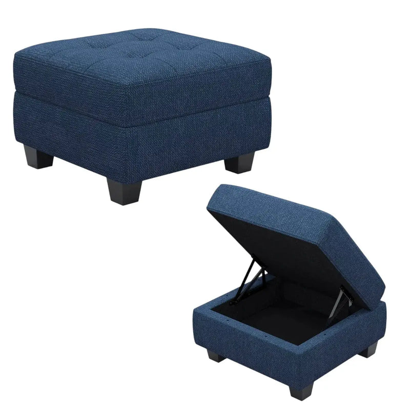 26" Blue and Black Solid Wood and Linen Tufted Storage Ottoman Homeroots Living Room