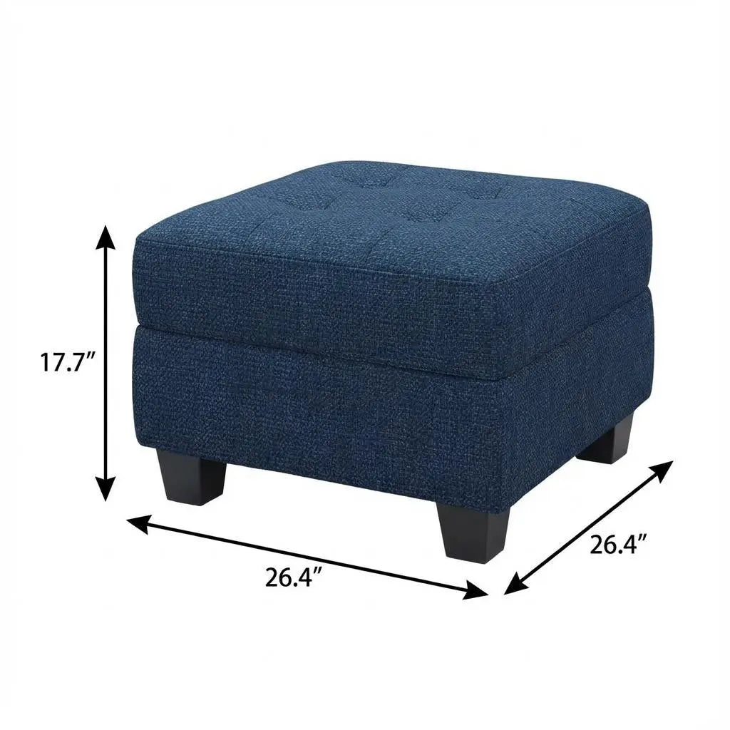 26" Blue and Black Solid Wood and Linen Tufted Storage Ottoman Homeroots Living Room