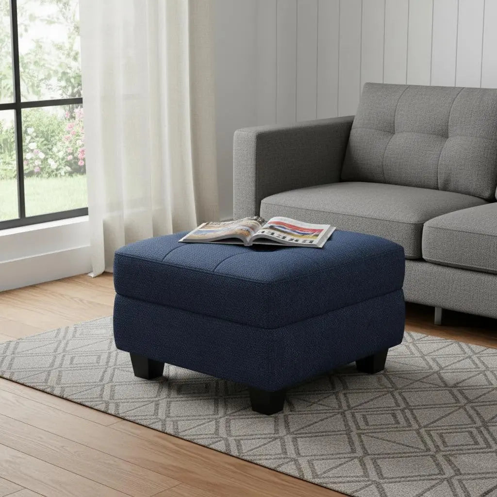 26" Blue and Black Solid Wood and Linen Tufted Storage Ottoman Homeroots Living Room