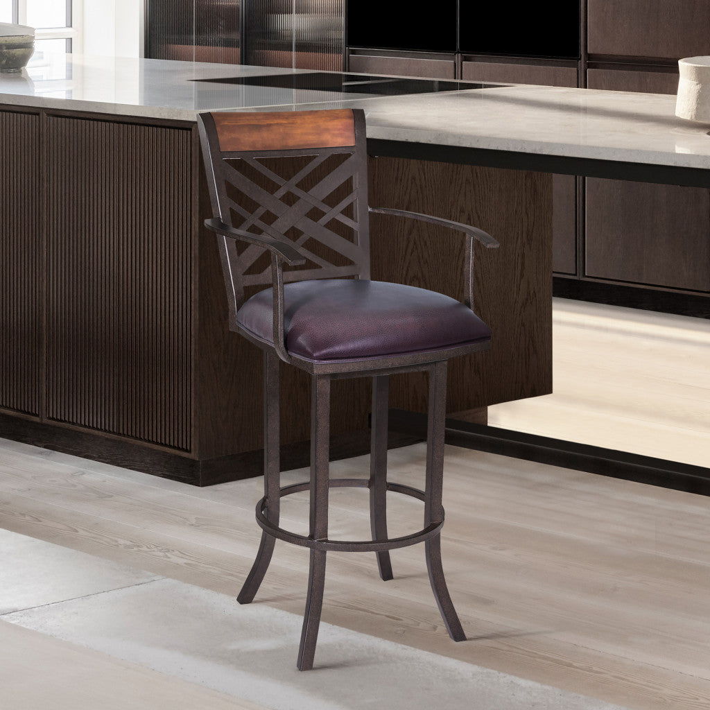 26" Brown Faux Leather And Iron Counter Height Bar Chair - GreatEagleInc