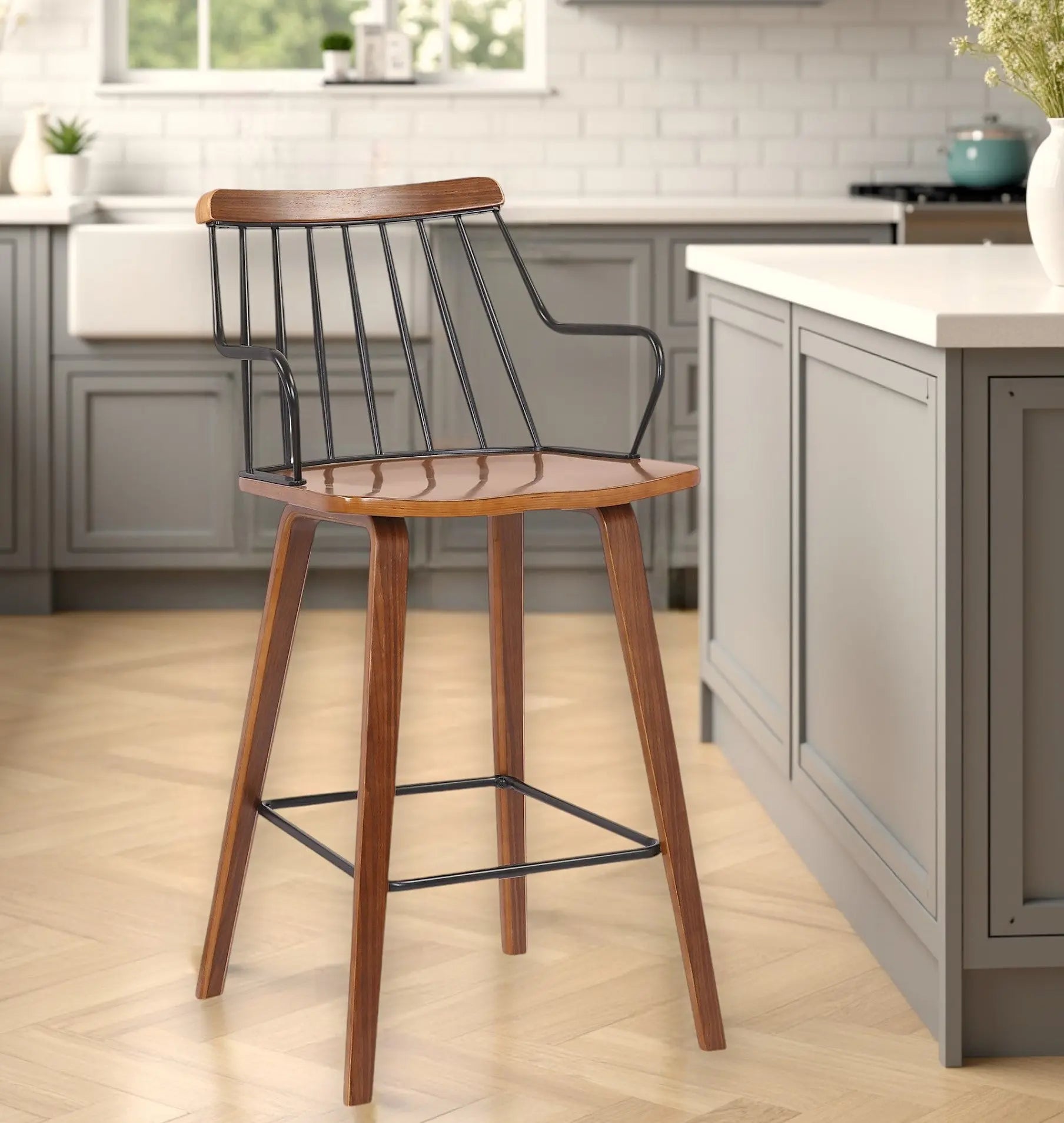 26" Brown Manufactured Wood and Iron Counter Height Bar Chair Homeroots Living Room