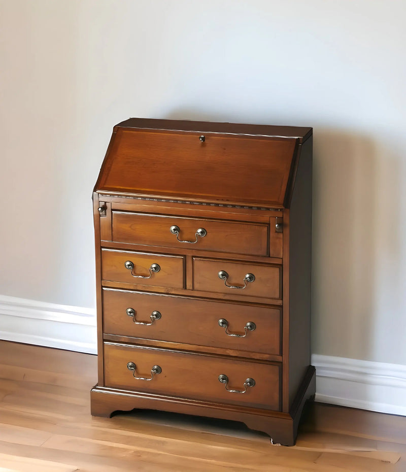 26" Brown Solid Wood Secretary Desk With Five Drawers Homeroots Office