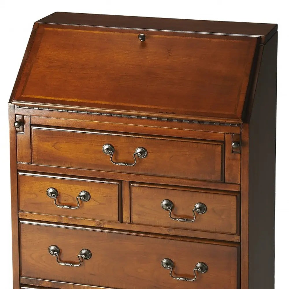26" Brown Solid Wood Secretary Desk With Five Drawers Homeroots Office