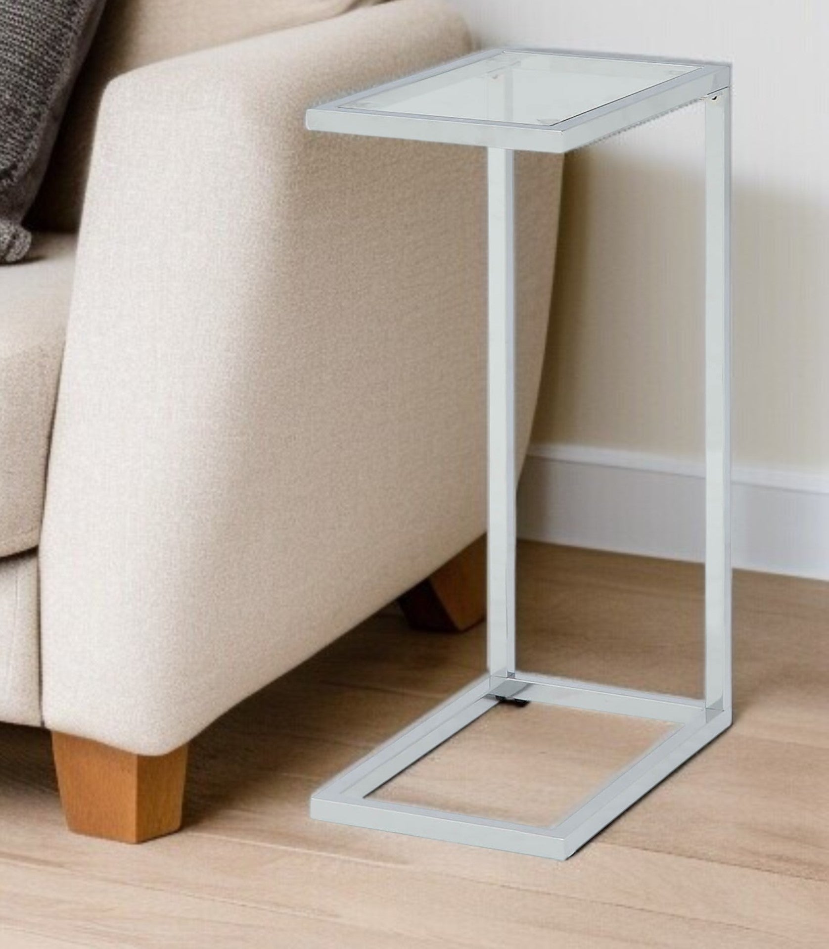 26" Clear And White Glass And Steel Sled End Table Homeroots Living Room