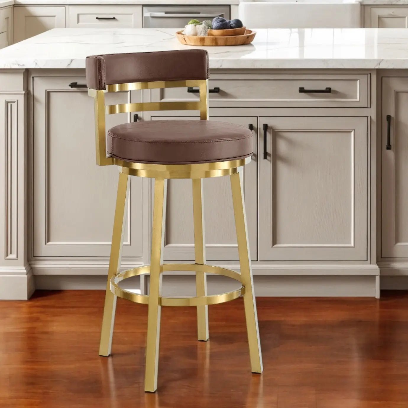 26" Coffee and Gold Faux Leather and Stainless Steel Low Back Counter Height Swivel Bar Chair Homeroots Living Room