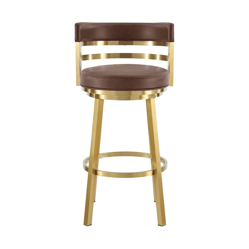 26" Coffee and Gold Faux Leather and Stainless Steel Low Back Counter Height Swivel Bar Chair Homeroots Living Room