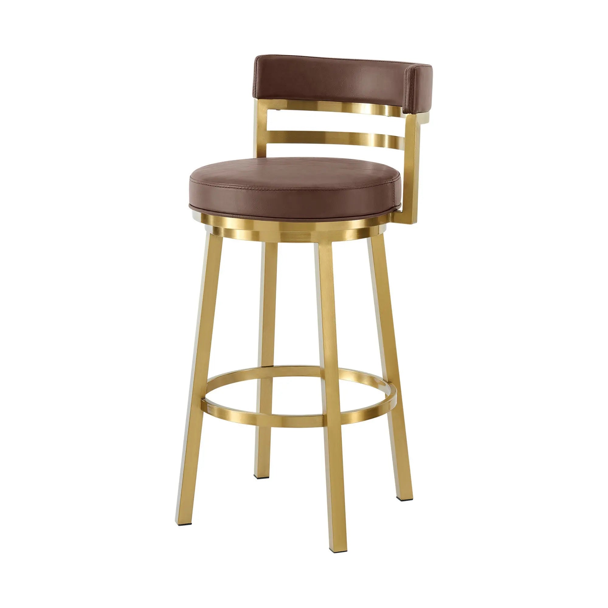 26" Coffee and Gold Faux Leather and Stainless Steel Low Back Counter Height Swivel Bar Chair Homeroots Living Room