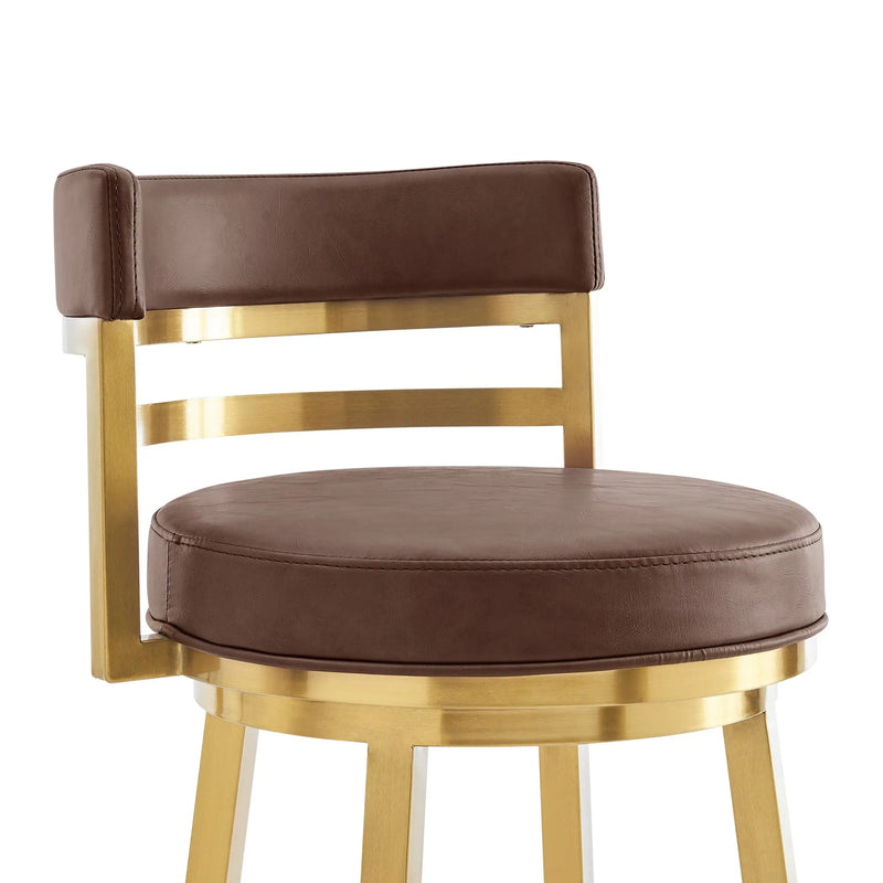 26" Coffee and Gold Faux Leather and Stainless Steel Low Back Counter Height Swivel Bar Chair Homeroots Living Room