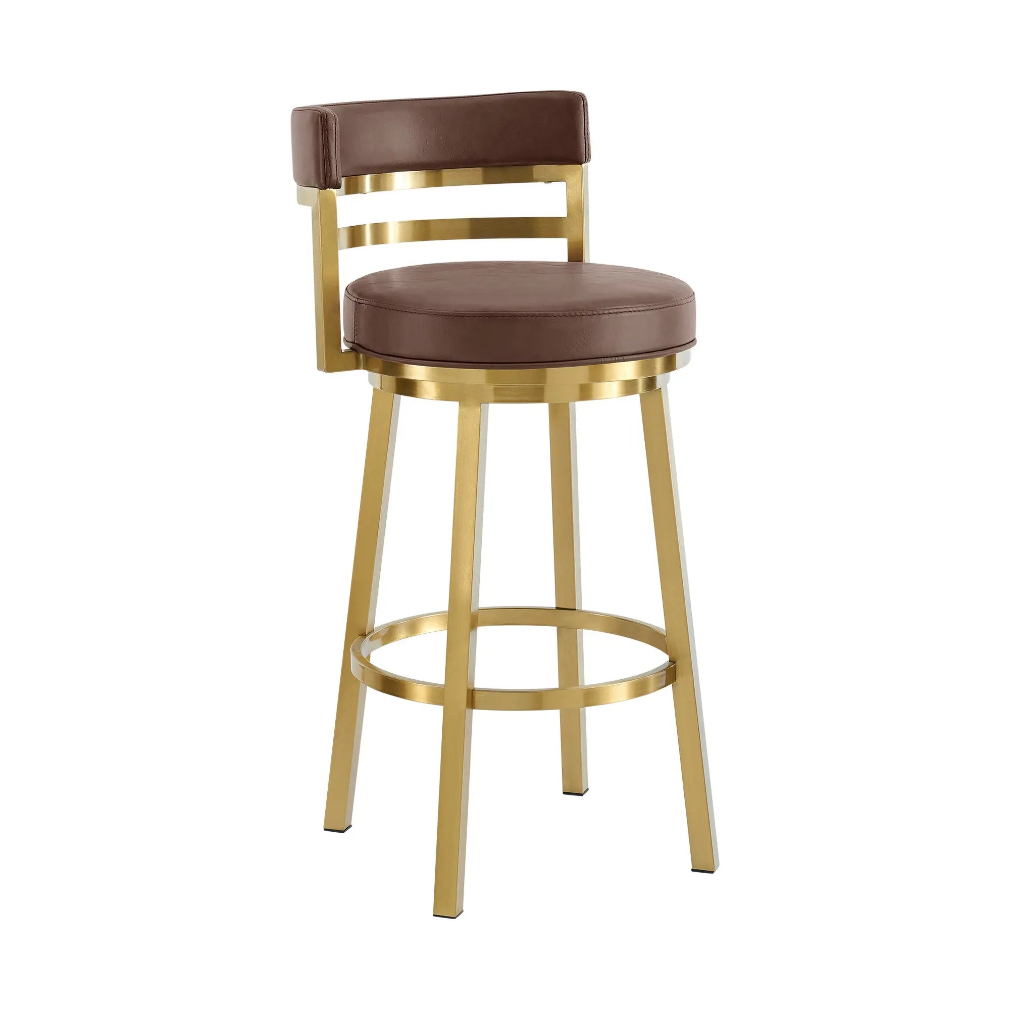 26" Coffee and Gold Faux Leather and Stainless Steel Low Back Counter Height Swivel Bar Chair Homeroots Living Room