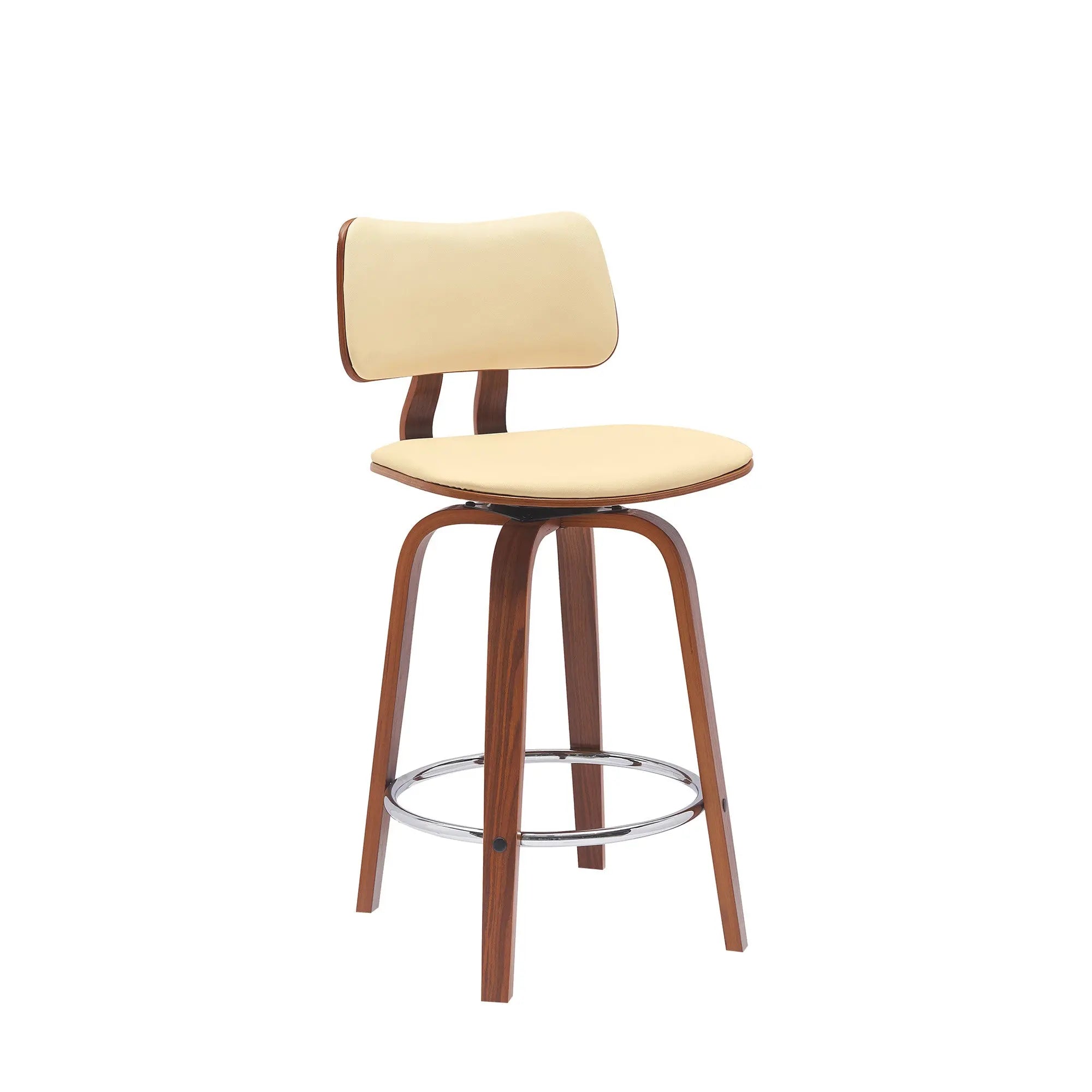 26" Cream And Wood Brown Faux Leather Swivel Low Back Counter Height Bar Chair Homeroots Living Room