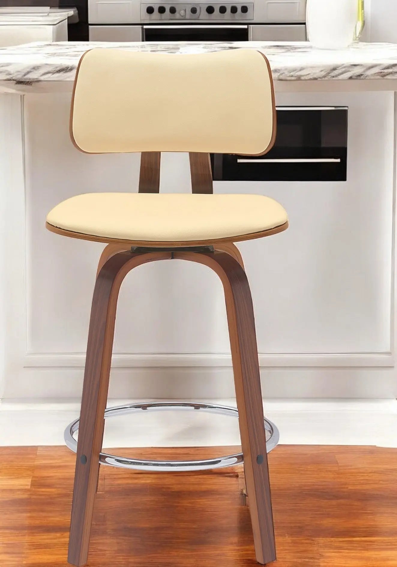 26" Cream And Wood Brown Faux Leather Swivel Low Back Counter Height Bar Chair Homeroots Living Room
