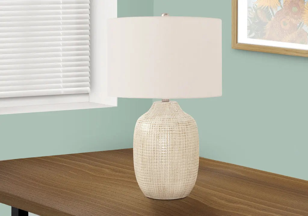 26" Cream Ceramic Urn Table Lamp With Cream Drum Shade Homeroots Lighting