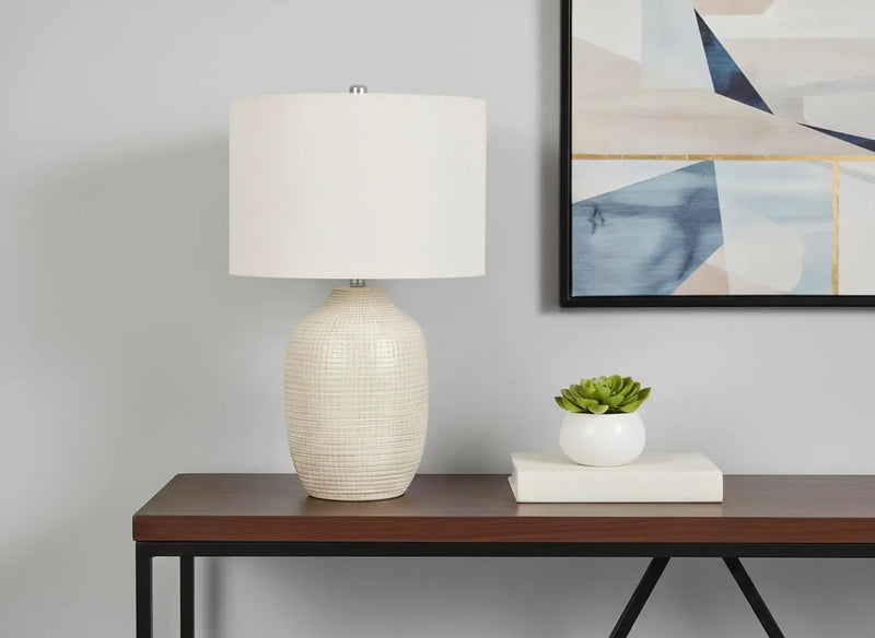 26" Cream Ceramic Urn Table Lamp With Cream Drum Shade Homeroots Lighting