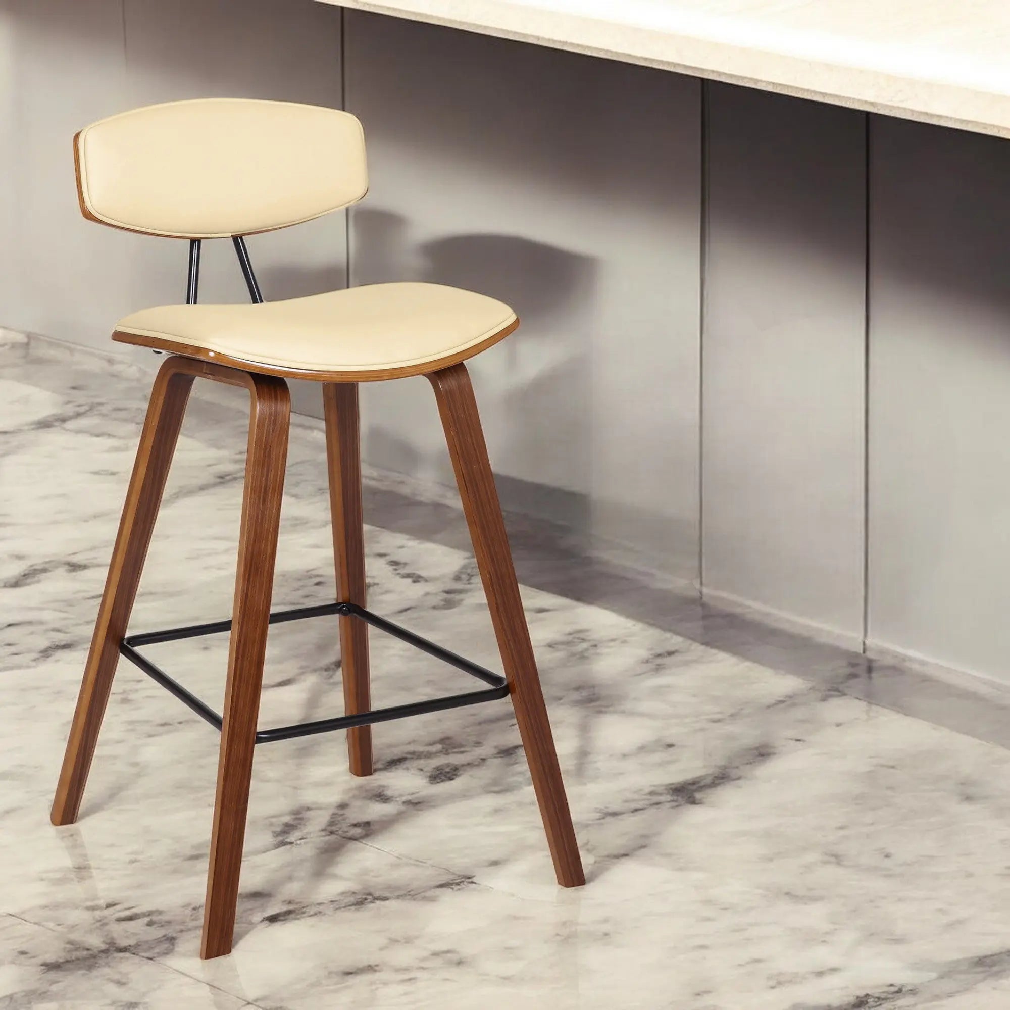 26" Cream and Brown Fabric and Iron Low Back Counter Height Bar Chair - GreatEagleInc