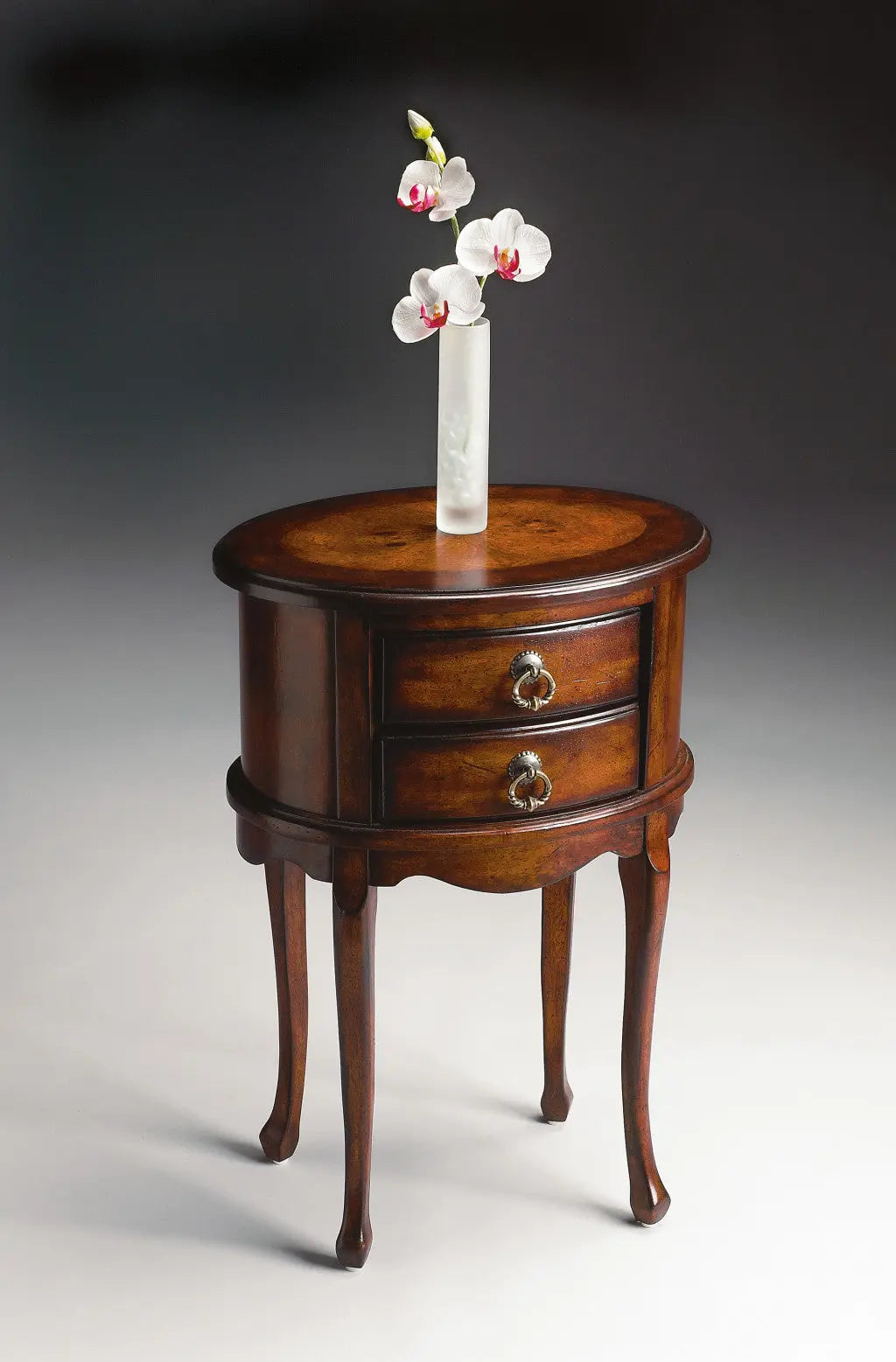 26" Dark Brown And Cherry Manufactured Wood Oval End Table With Two Drawers Homeroots Living Room