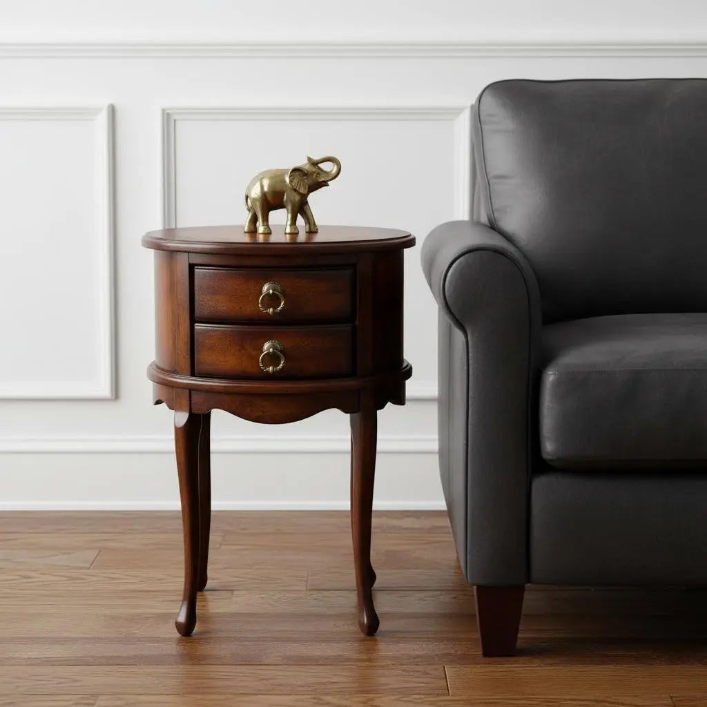 26" Dark Brown And Cherry Manufactured Wood Oval End Table With Two Drawers Homeroots Living Room