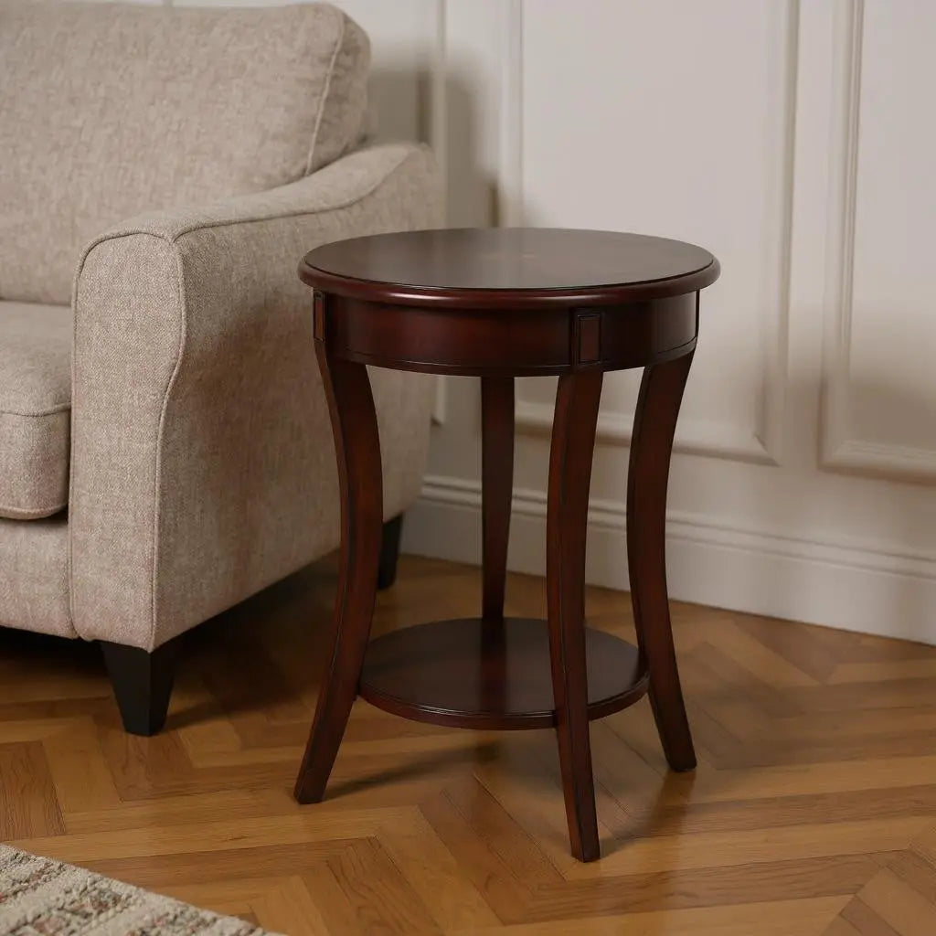 26" Dark Brown Wood And Wood Round End Table With Shelf Homeroots Living Room