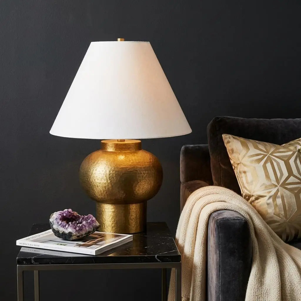 26" Gold Round Bedside Lamp With Bell Shade Homeroots Lighting